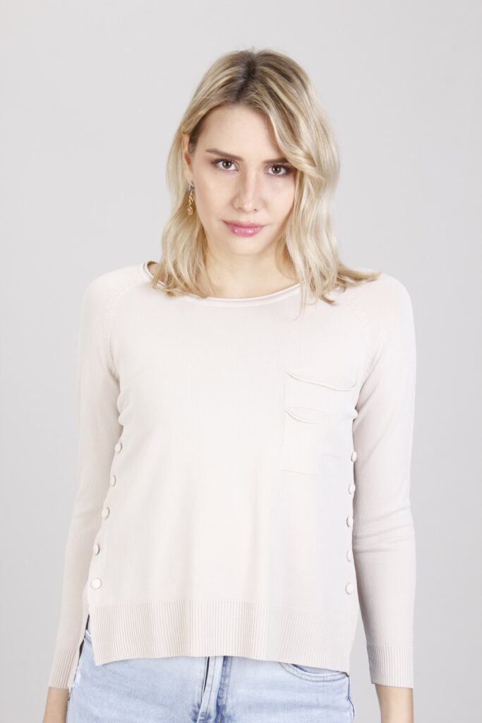 MAGLIA CON DOPPIA TASCA E BOTTONI - Beige, TU 