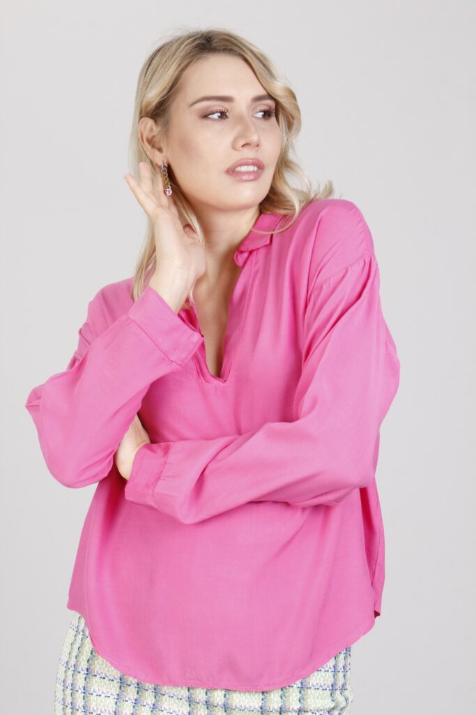 BLUSA CON COLLETTO E SCOLLO A V - Fucsia, TU 