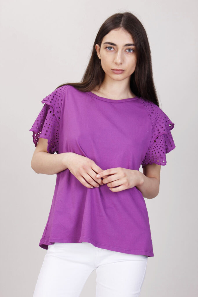 T-SHIRT CON MANICHE DI PIZZO - Viola, TU 