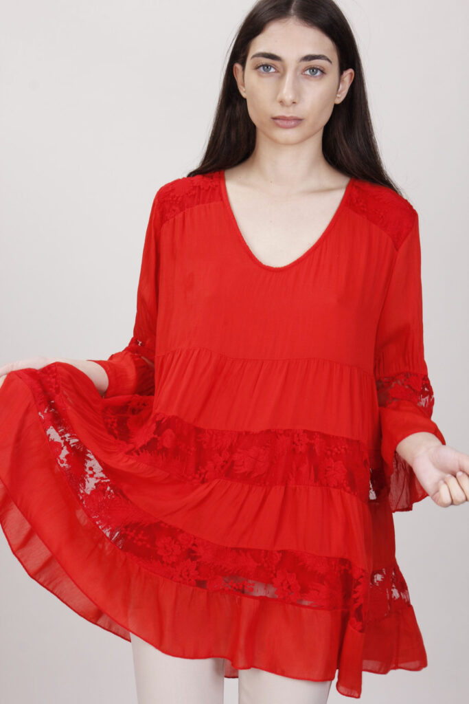 BLUSA CON INSERTI IN PIZZO - Rosso, TU 