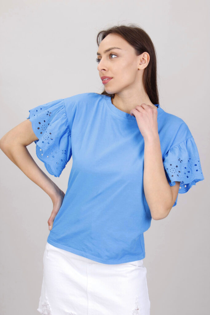 T-SHIRT CON MANICHE DI PIZZO - Turchese, TU 