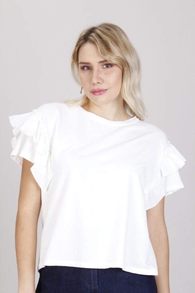 T-SHIRT A MANICHE CORTE CON VOLANT - Latte, S 