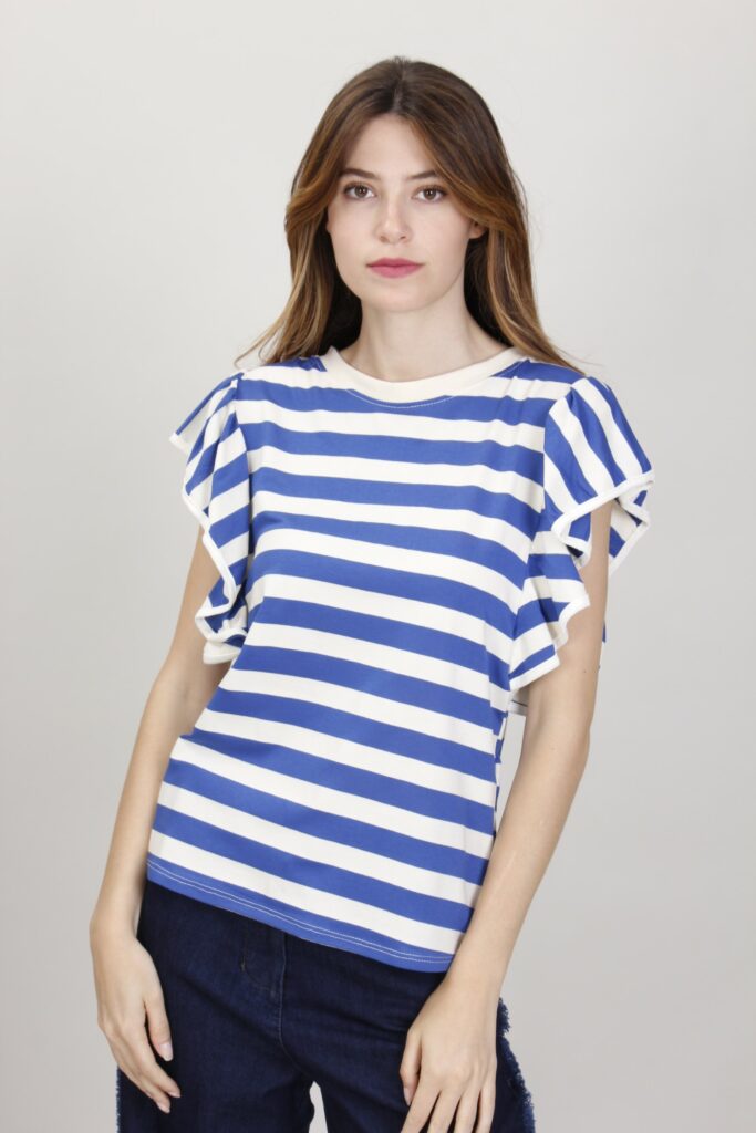 T-SHIRT A RIGHE CON VOLANT - Blu, TU 