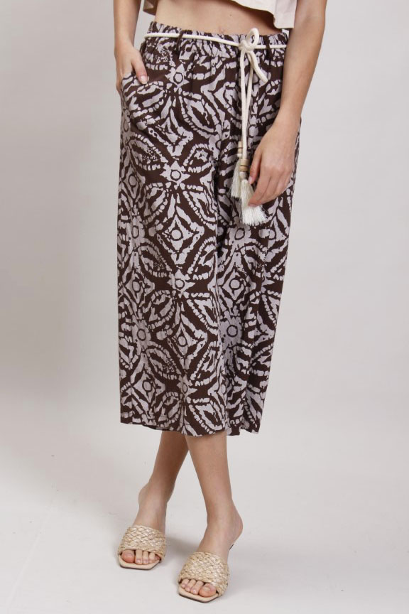 PANTALONE CULOTTE IN COTONE CON CINTURA - Fantasia marrone, S 