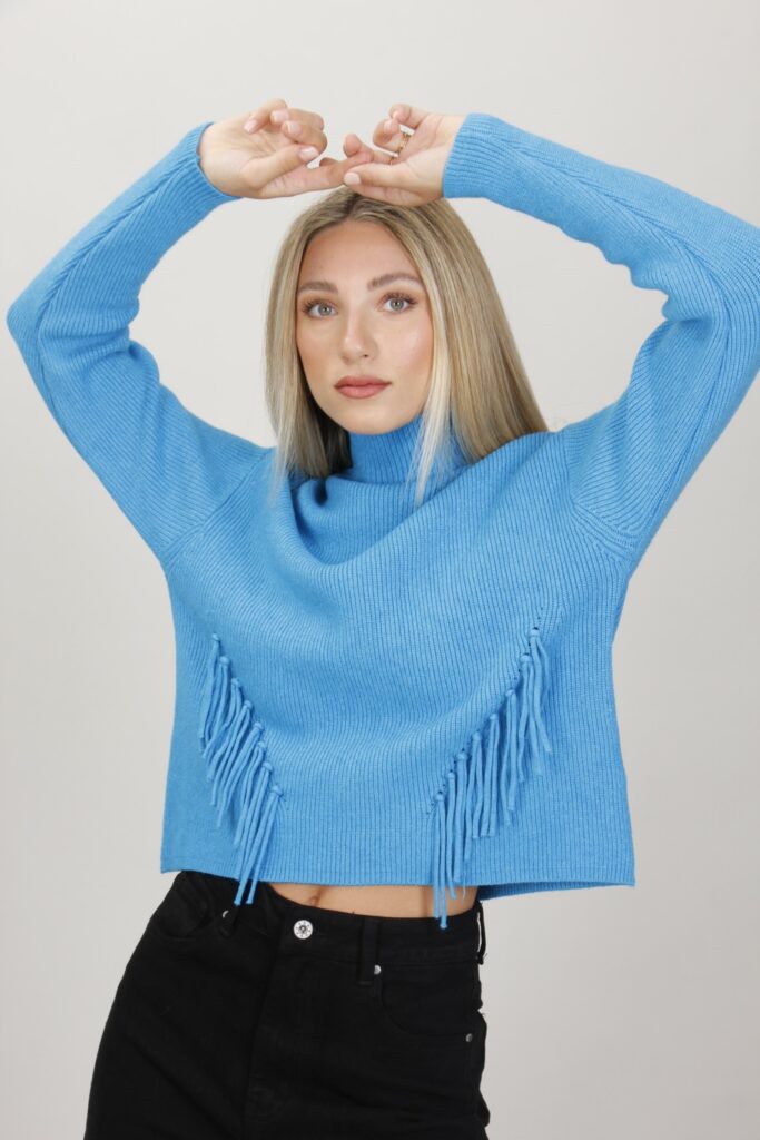 MAGLIONE CON DECORAZIONE FRANGE - Turchese, TU 