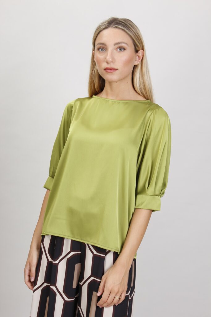 BLUSA IN RASO CON MANICHE A SBUFFO - Pistacchio, TU 