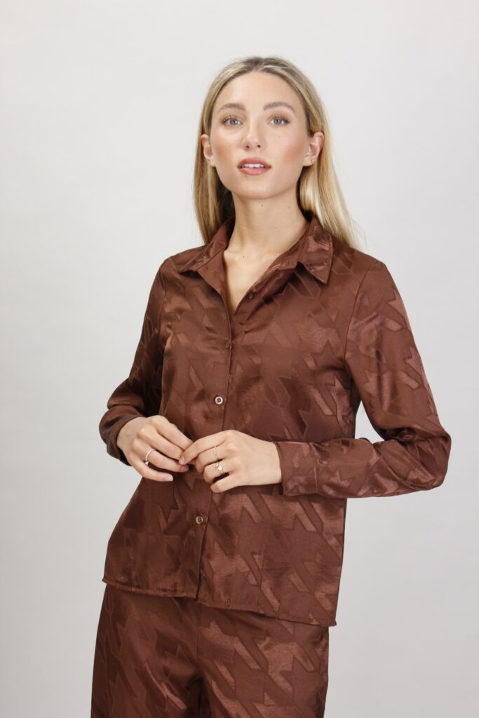 CAMICIA IN RASO FANTASIA PIED DE POULE - Fantasia marrone, S 