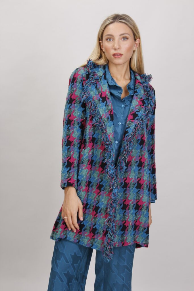 CAPPOTTO MIDI CON FRANGE - Blue Pattern, S 