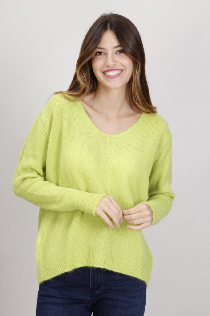 MAGLIONE MISTO MOHAIR SCOLLO A V - Verde acido, TU 