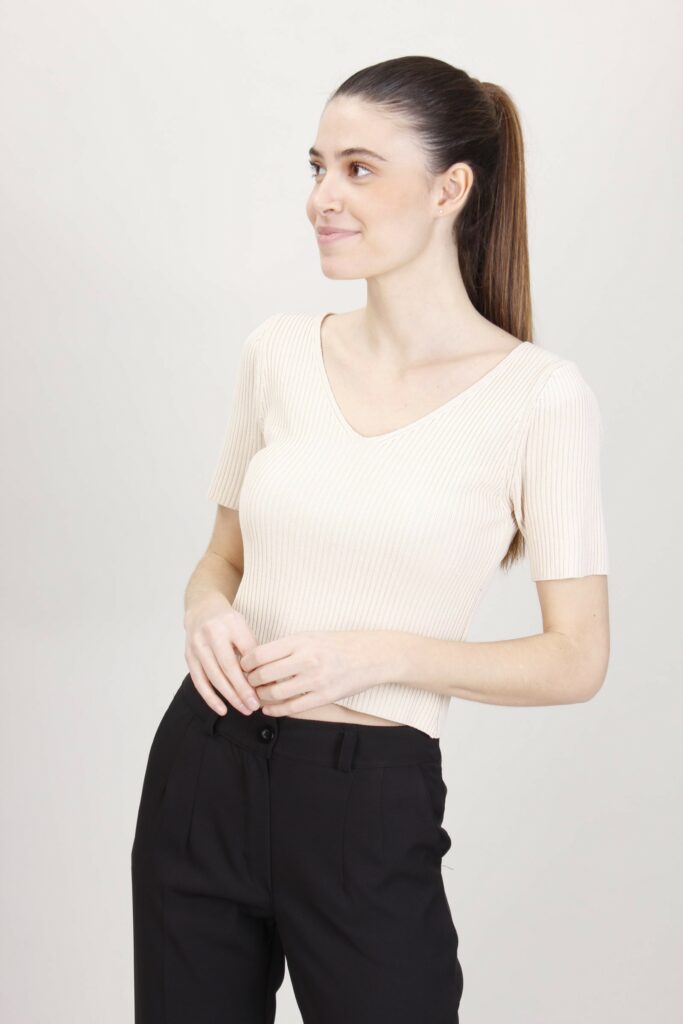 TOP IN MAGLIA A MANICHE CORTE - Beige, TU 