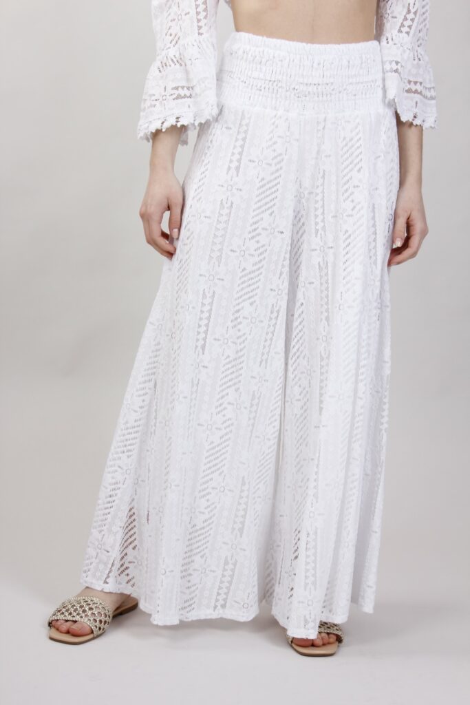 PANTALONI PALAZZO IN PIZZO - Bianco, TU 