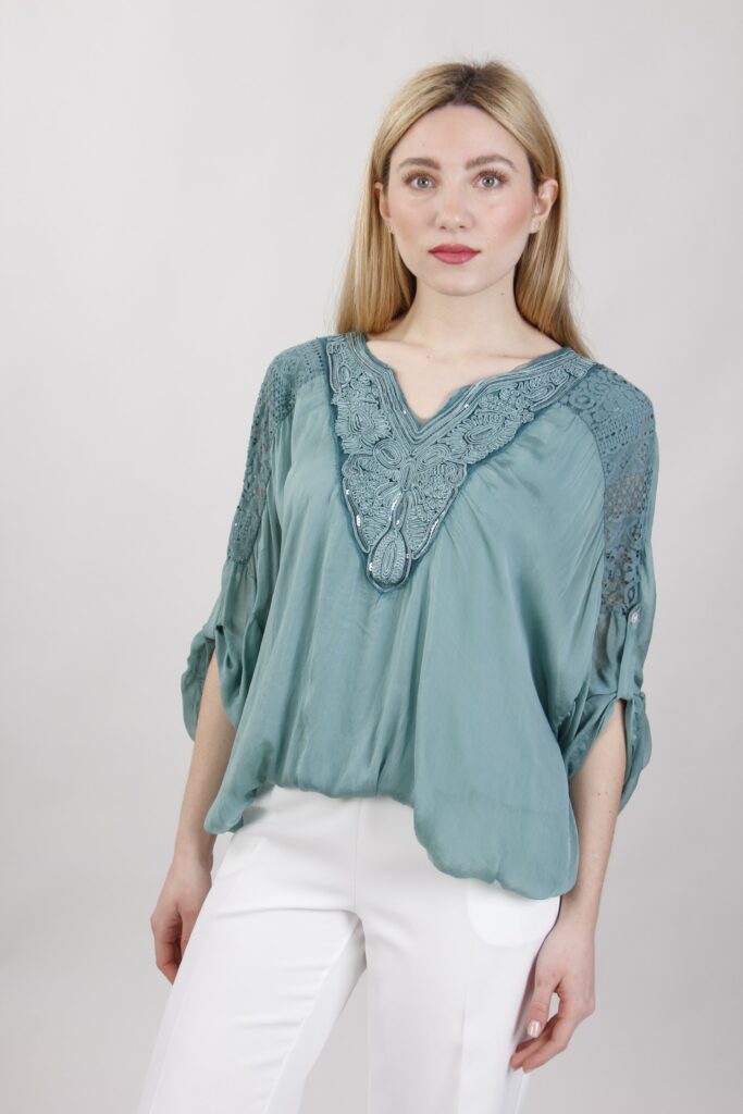 BLUSA IN SETA CON RICAMI - Salvia, TU 