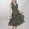 ABITO IN SETA CON ROUCHES SULLE MANICHE - Verde militare, TU