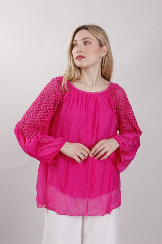 BLUSA CON PIZZO SULLE MANICHE - Fucsia, TU 
