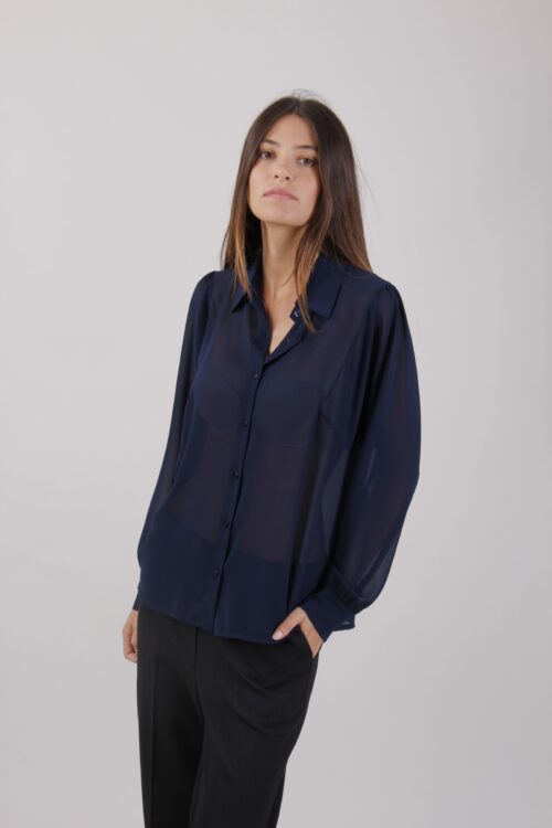 CAMICIA VELATA CON MANICA A PALLONCINO - Μπλε, S
