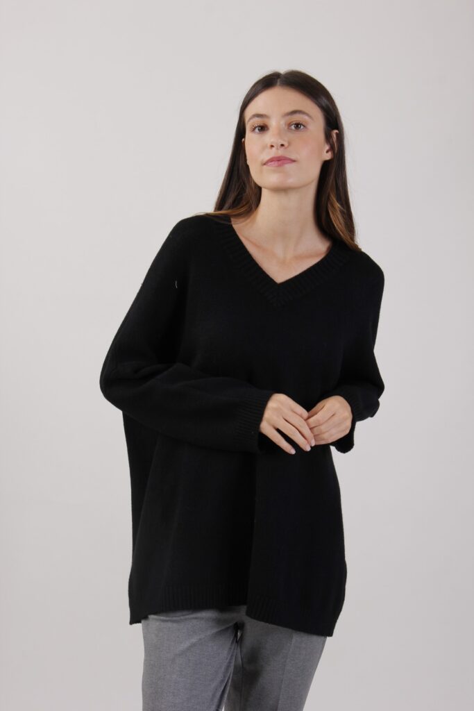 MAXI MAGLIA SCOLLO A V - Nero, TU 