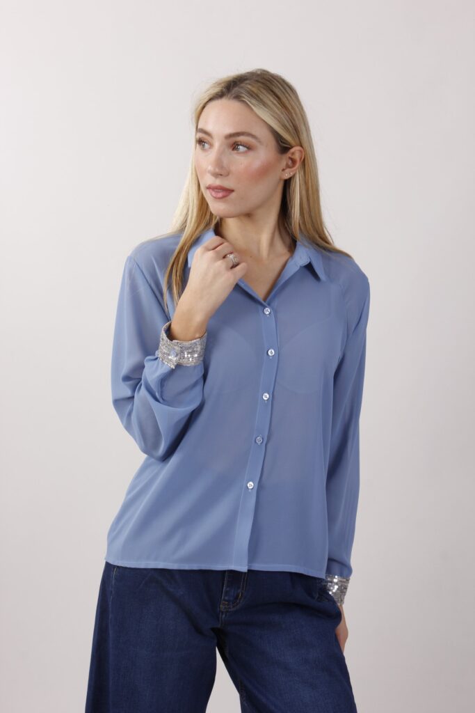 CAMICIA CON DETTAGLI IN PAILLETTES - Sky blue, S 