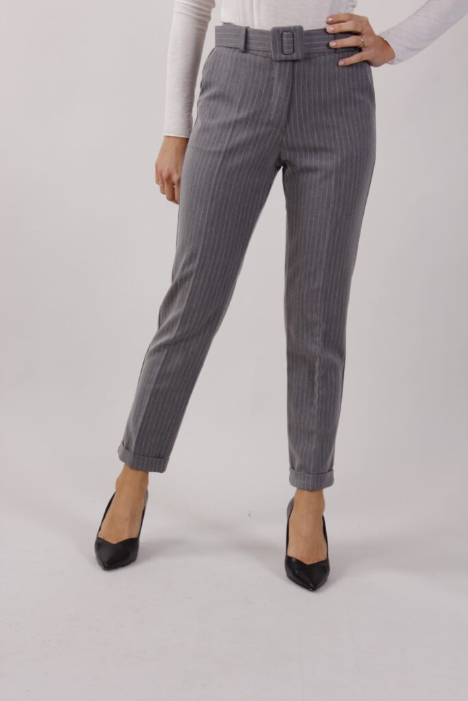 PANTALONE GESSATO CON CINTURA - Grigio, S 