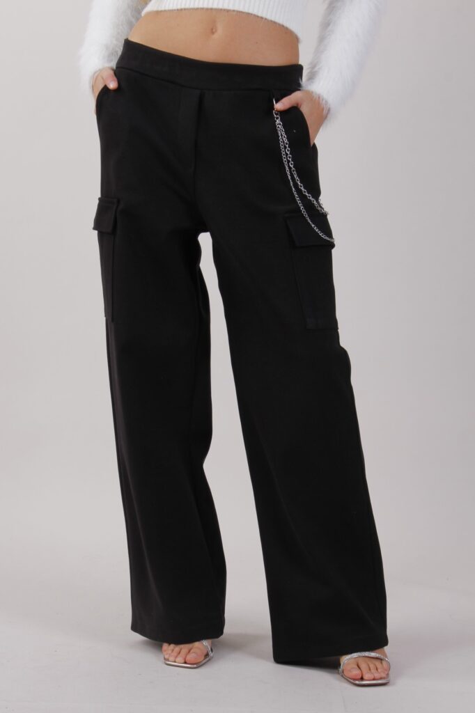 PANTALONE PALAZZO CON CATENA - Nero, TU 