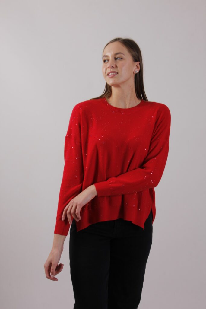 MAGLIA COLLO ROTONDO CON PAILLETTES - Rojo, TU 