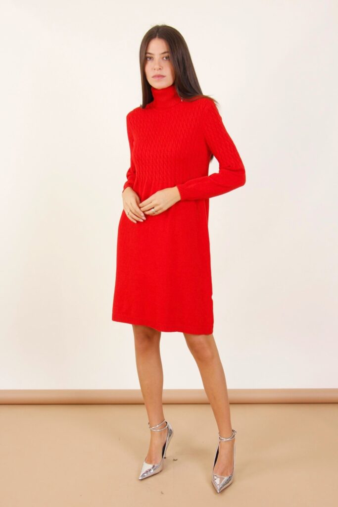 VESTITO IN MAGLIA A COLLO ALTO CON MINI TRECCE - Rosso, TU 