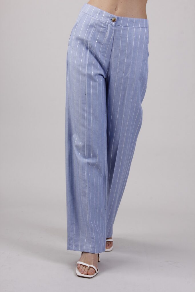 PANTALONE GESSATO A PALAZZO CON MICRO PAILLETTES 