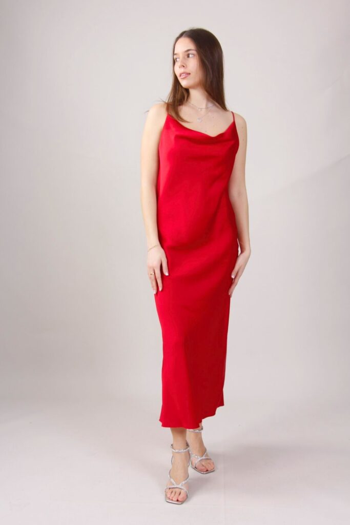DRAPED NECKLINE SATIN DRESS  