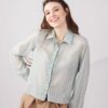 CAMICIA FANTASIA A RIGHE CON ROUCHES - Verde acqua, M