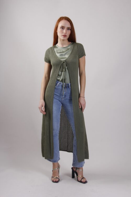 CARDIGAN LUNGO TRAFORATO A MANICHE CORTE