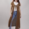 CARDIGAN LUNGO TRAFORATO A MANICHE CORTE - Bronzo, TU