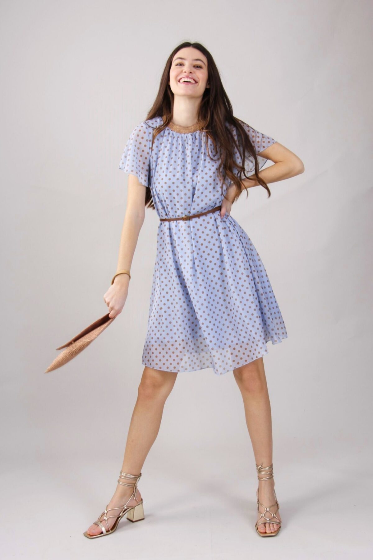 ABITO A POIS CON CINTURINA IN VITA E COLLETTO IN LUREX