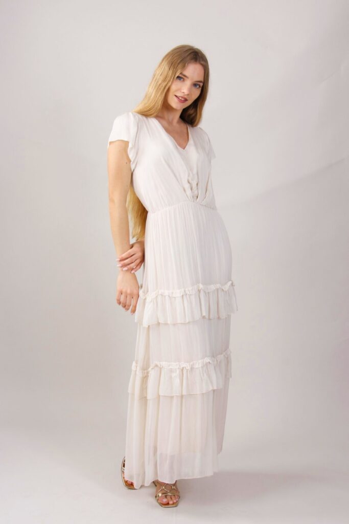 ABITO LUNGO SCOLLO A V CON BALZE IN MISTO SETA 