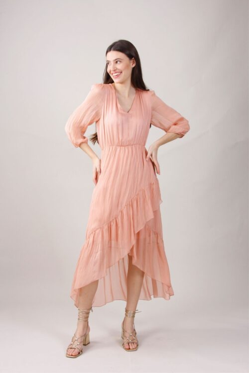 ABITO IN SETA SCOLLO A V PLISSETTATO CON GONNA INCROCIATA