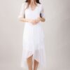 ABITO IN SETA SCOLLO A V PLISSETTATO CON GONNA INCROCIATA - White, M