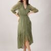 ABITO IN SETA SCOLLO A V PLISSETTATO CON GONNA INCROCIATA - Military Olive, M