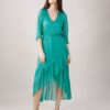 ABITO IN SETA SCOLLO A V PLISSETTATO CON GONNA INCROCIATA - Emerald, M