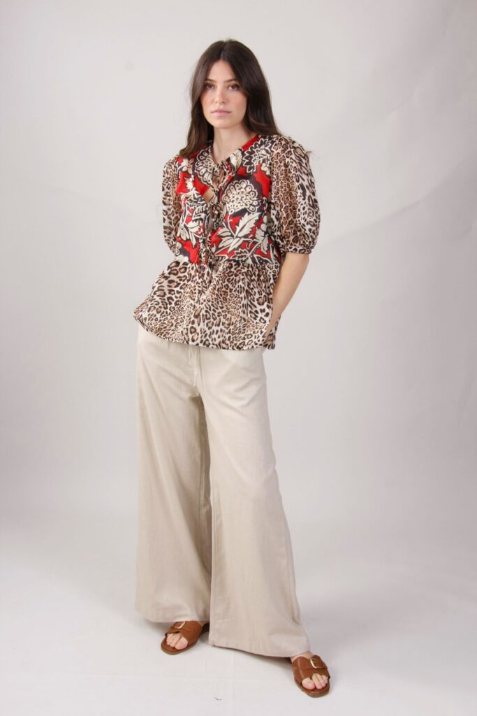 PANTALONI A PALAZZO IN MISTO LINO CON CINTONE ELASTICO E NASTRO IN VITA 