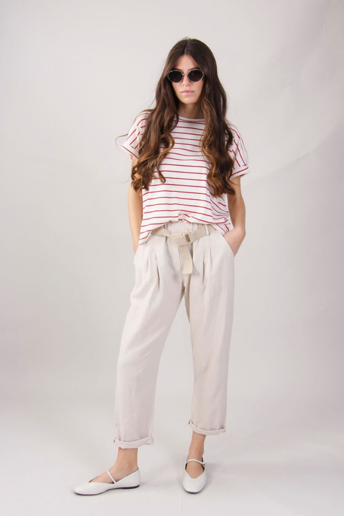 PANTALONI IN MISTO LINO CON CINTURA IN VITA FIBBIA RETTANGOLARE