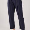 PANTALONI IN MISTO LINO CON CINTURA IN VITA FIBBIA RETTANGOLARE - Blu, M