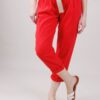 PANTALONI IN MISTO LINO CON CINTURA IN VITA FIBBIA RETTANGOLARE - Rosso, M