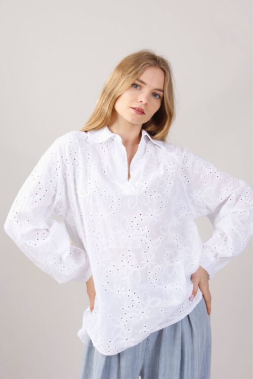 BLUSA A MANICHE LUNGHE SCOLLO A V IN SANGALLO