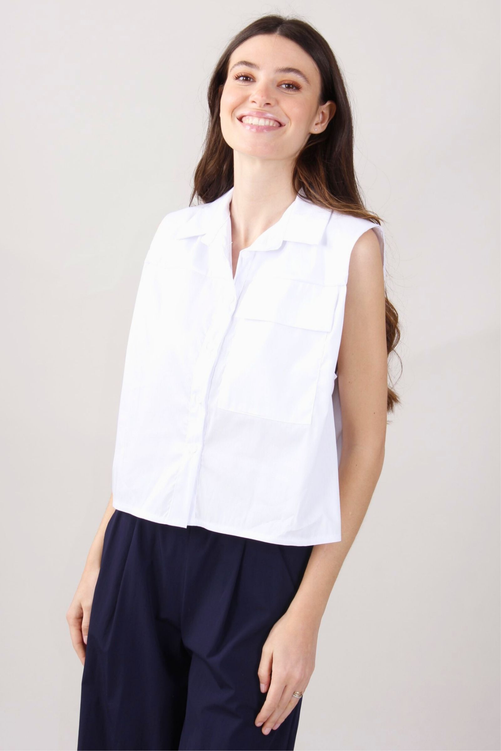 PC464-80_BIANCO CAMICIA SENZA MANICHE CON TASCA - White, S