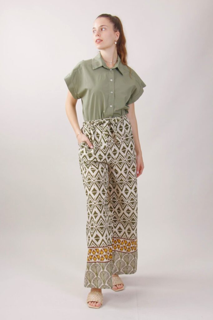 PANTALONI A PALAZZO CON FIOCCO IN VITA FANTASIA ETNICA 