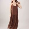 ABITO IN MISTO SETA CON SPALLINE SOTTILI E BALZE - Brown, TU