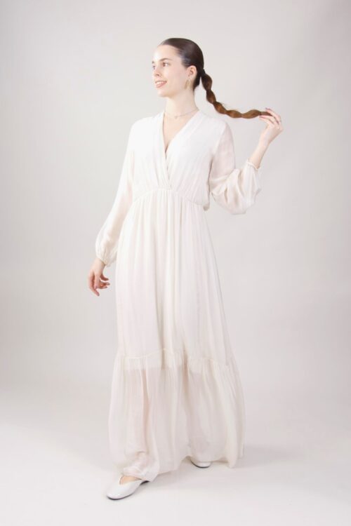 ABITO IN MISTO SETA CON SCOLLO A V E LACCETTO A CHIUSURA SUL DIETRO