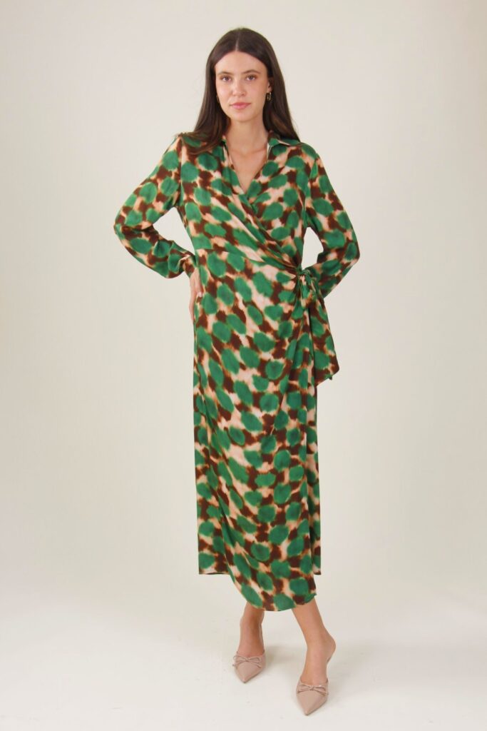 ABITO CON SCOLLO INCROCIATO FANTASIA A MACCHIE - Green Pattern, S 