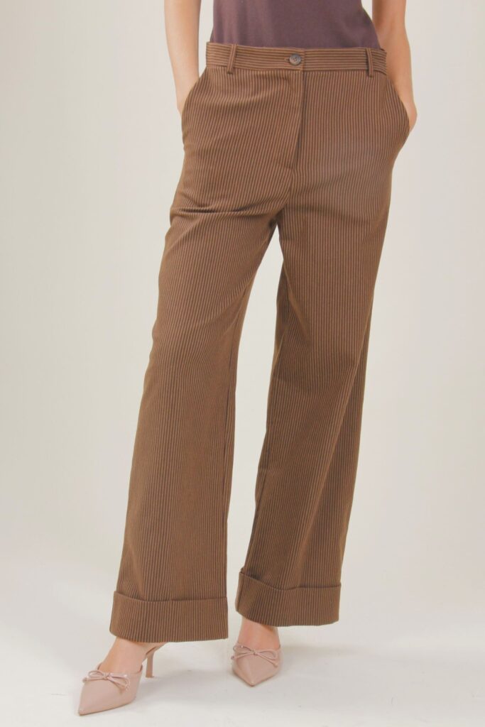 PANTALONI GESSATI A PALAZZO CON RISVOLTO - Camello, S 