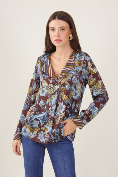 BLUSA IN VISCOSA FANTASIA FLOREALE - Fantasia marrone, S