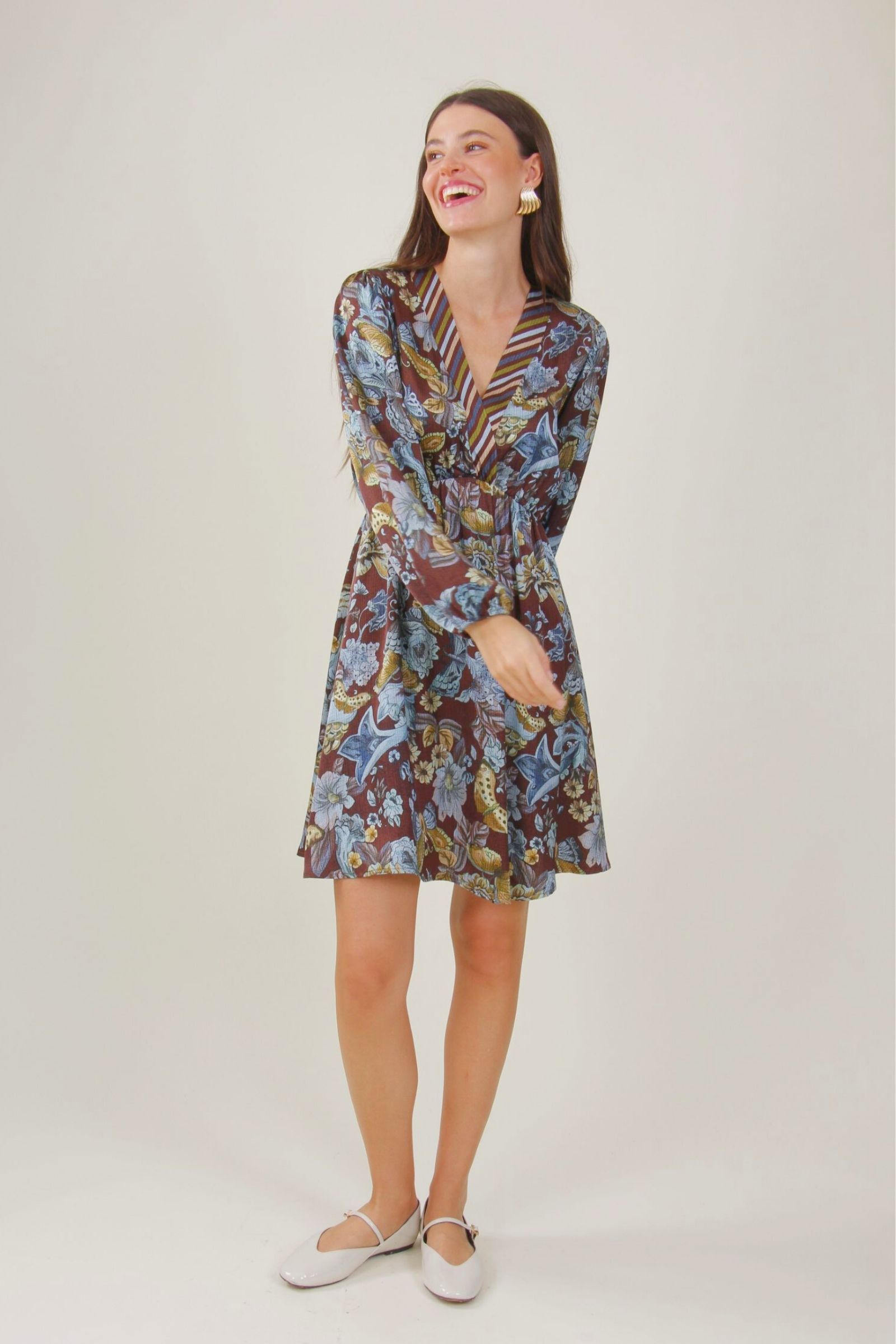 FLF8898A-80_FANTASIA-MARRONE ABITO MIDI IN VISCOSA FANTASIA FLOREALE - Brown fantasy, M