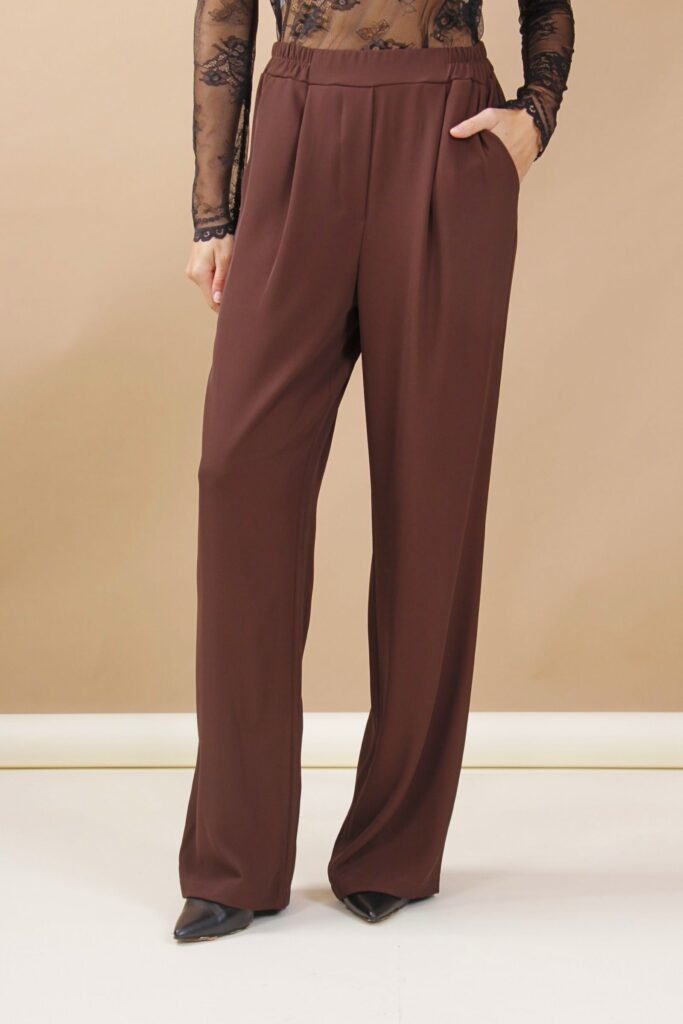 PANTALONE PALAZZO CON ELASTICO IN VITA - Dark Brown, S 